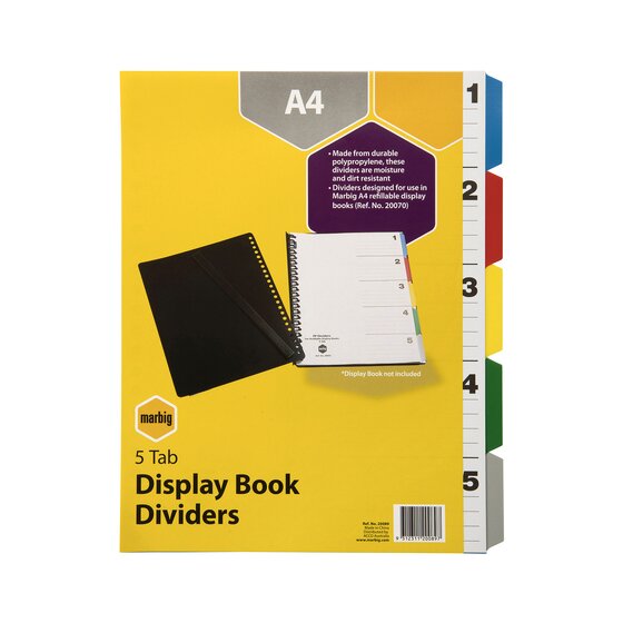 Marbig Display Book Dividers – 5-Tab Polypropylene, A4, Multi-Colour