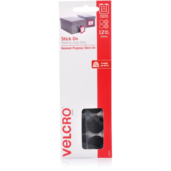 Velcro Stick-On Hook & Loop Dots – 22mm, 12 Dots, Black