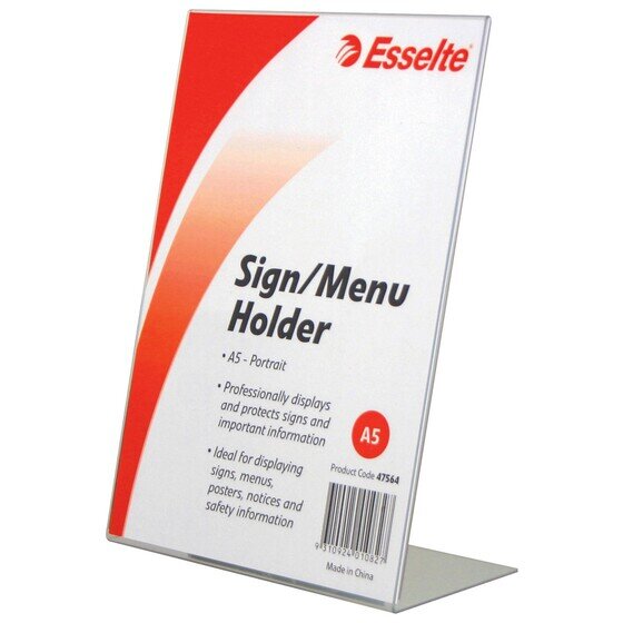 Esselte A5 Portrait Slanted Sign & Menu Holder – One-Piece Display Stand