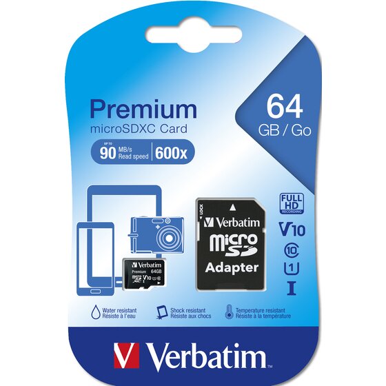 Verbatim Micro SDXC 64GB Memory Card with SD Adapter – Black