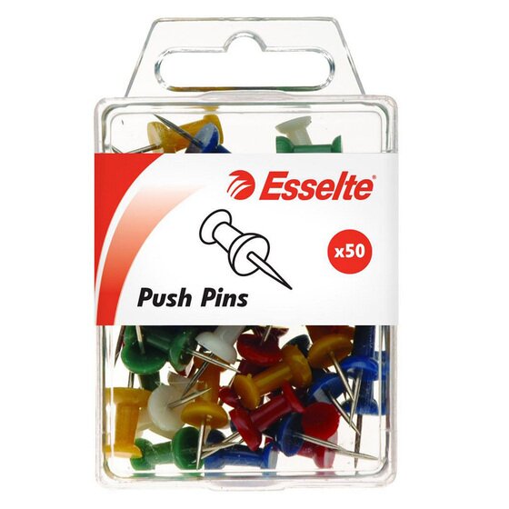 Esselte Push Pins – Pack of 50 Assorted Colours for Cork Boards, Walls & Porous Surfaces