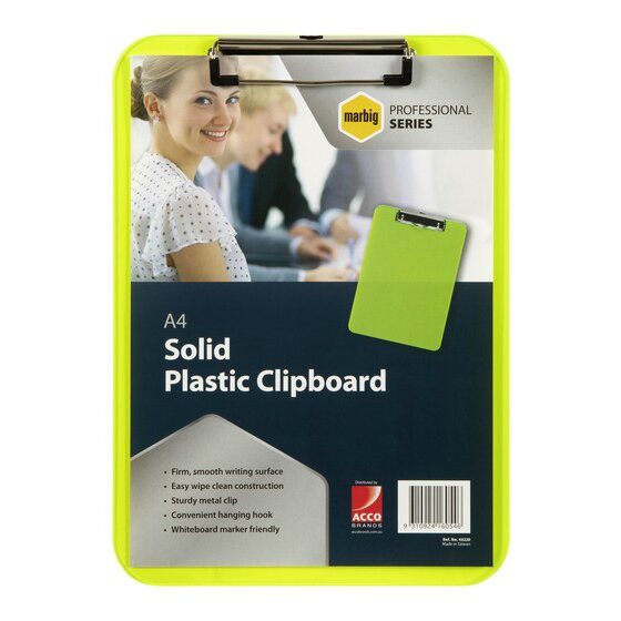 MARBIG Professional A4 Neon Green Plastic Clipboard with Metal Clip & Retractable Hanging Hook