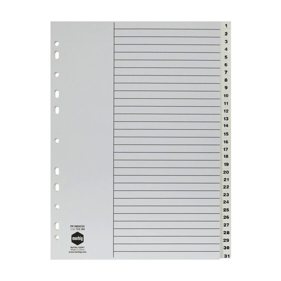 Marbig Indices & Dividers 1–31 Tab PP A4 White – Lever Arch File Tabs