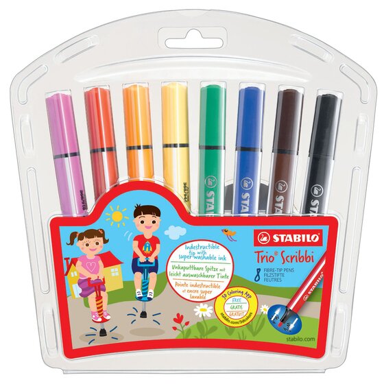 Stabilo Trio Scribbi Wallet 8 – Triangular Fibre-Tip Pens for Kids (Assorted Colours)