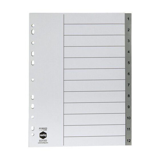 Marbig Indices & Dividers 1–12 Tab PP A4 Grey