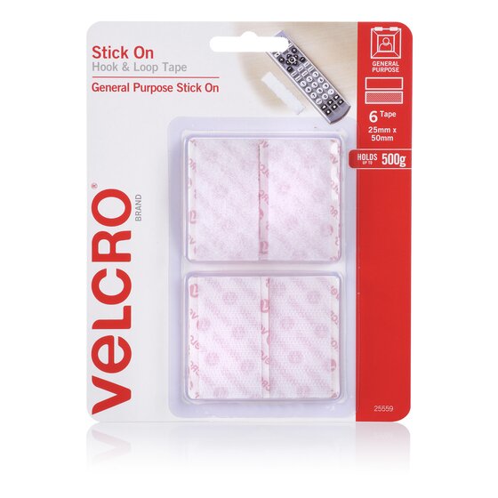 Velcro Stick On Hook and Loop Tape 25 x 50mm White – Pack of 6