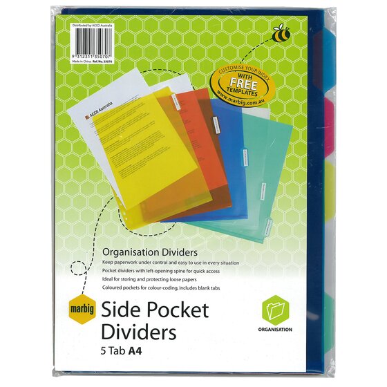 Marbig A4 Dividers with Side Pockets – Clear PP, 5 Tabs
