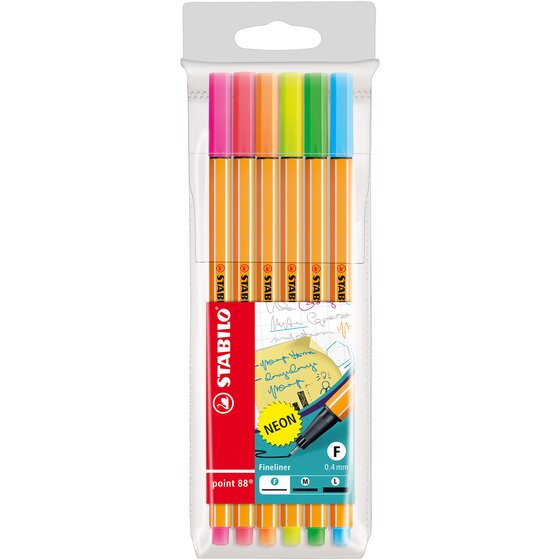 STABILO Point 88 Fineliner Neon – 6 Pack | 0.4mm Precision Nib