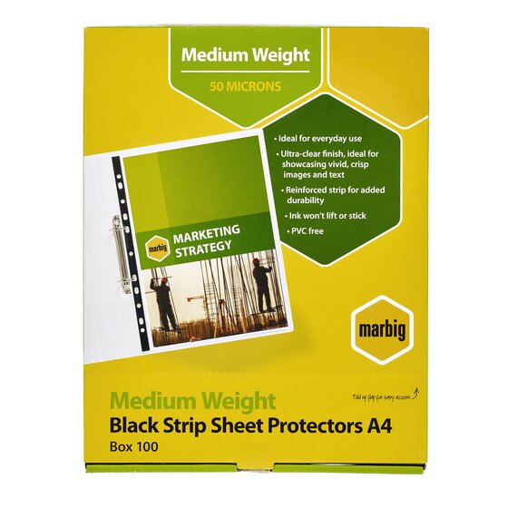 Marbig Medium Weight A4 Sheet Protectors – Black Strip (100 Box)