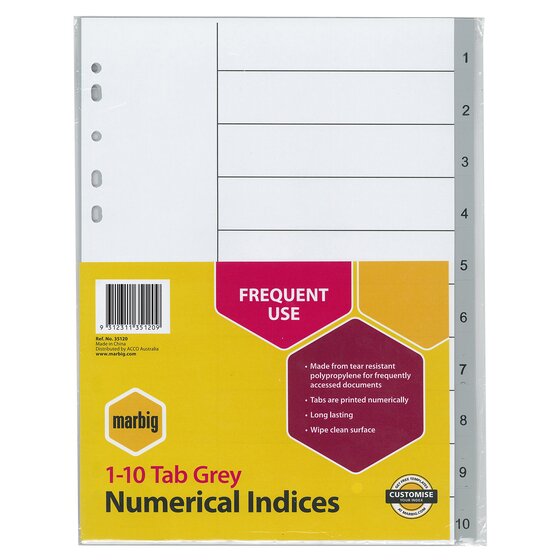 Marbig Indices & Dividers 1-10 Tab PP A4 Grey