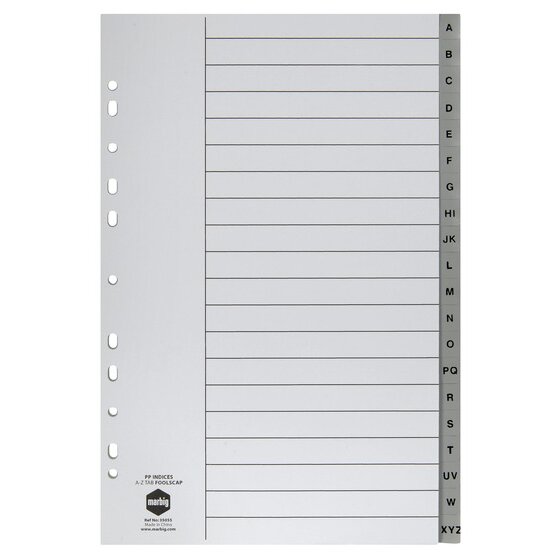 Marbig Indices & Dividers – A-Z Tabs, Polypropylene, Foolscap, Grey