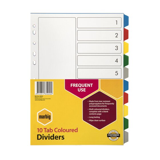 Marbig Indices & Dividers 10 Tab Polypropylene A4 Multi Colour