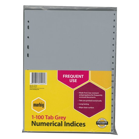 Marbig Indices & Dividers 1–100 Tab – Polypropylene A4 Grey | Binder & Lever Arch Compatible