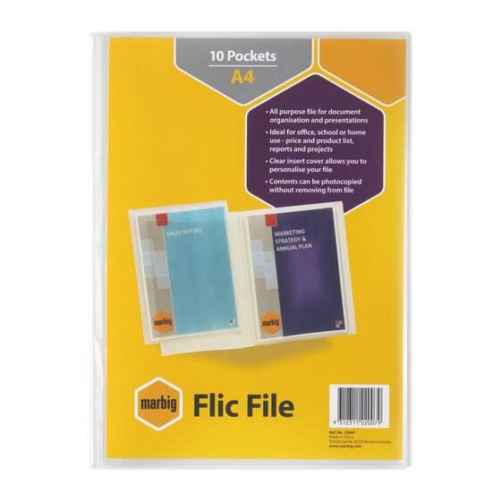 Marbig Flic File – 10 Pocket Insert Cover Clear (A4 & A3)