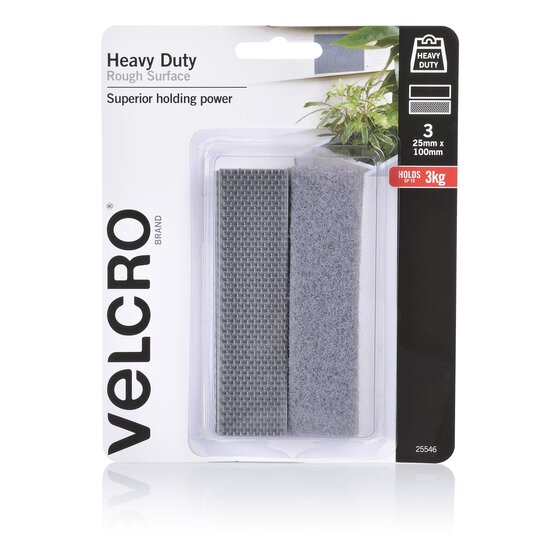 Velcro Heavy Duty Hook & Loop for Rough Surfaces – 25 x 100mm, Grey, Pack of 3