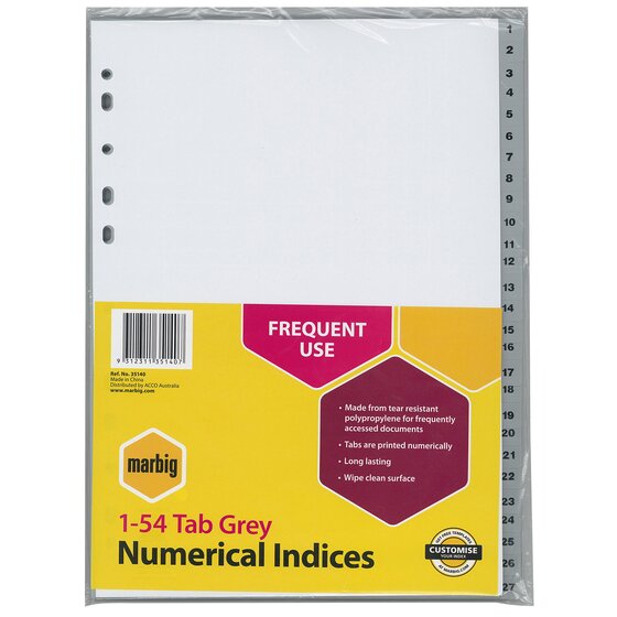Marbig Indices & Dividers 1–54 Tab Polypropylene A4 Grey