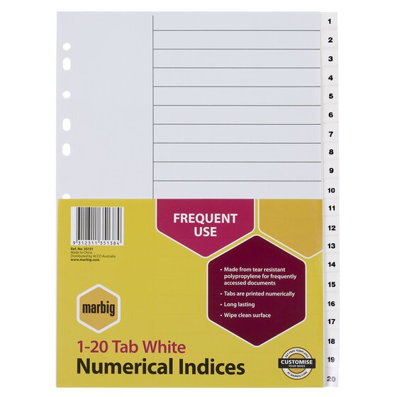 Marbig Indices & Dividers 1-20 Tab Polypropylene A4 White