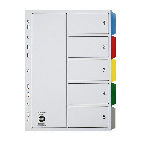 Marbig Indices & Dividers – 5 Tab Polypropylene A4, Multi-Colour