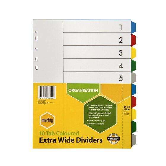 Marbig Indices & Dividers – 10 Tab, Polypropylene, A4 Extra Wide