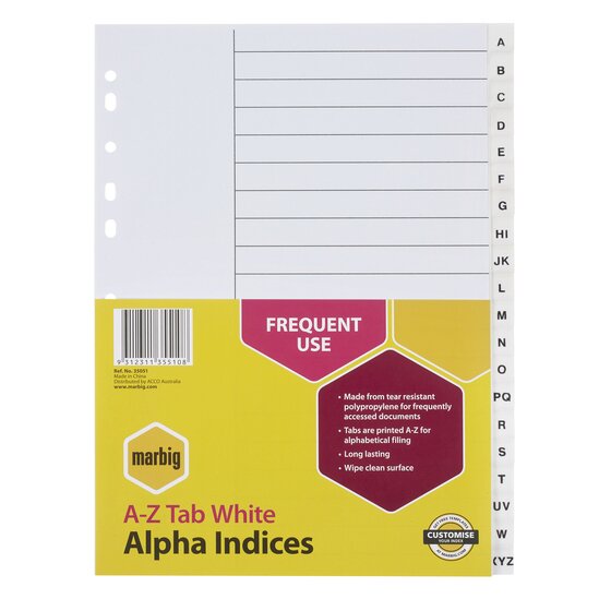 Marbig Indices & Dividers – A-Z Tab, Polypropylene, A4, White