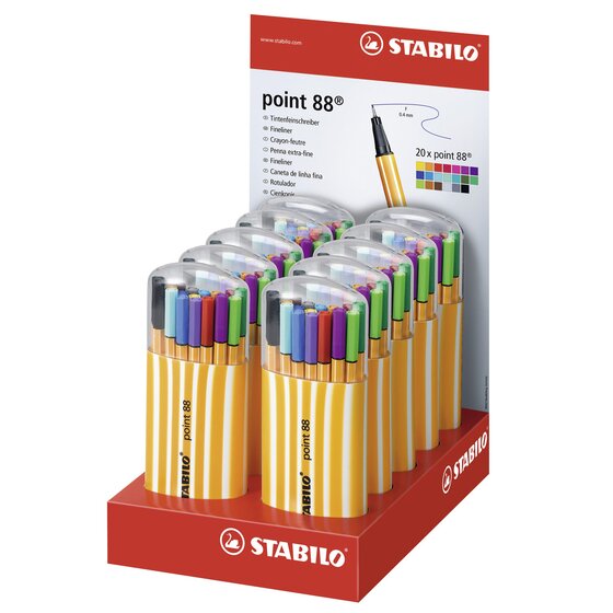 STABILO Point 88 Fineliner Pen Set – 20 Colours, 0.4mm Metal Tip, Hard Storage Case