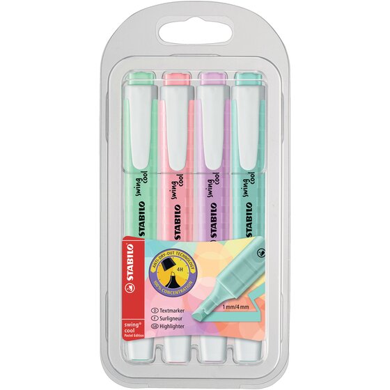 Stabilo Swing Cool Pastel Highlighter – Slim Chisel Tip, 4-Pack Wallet