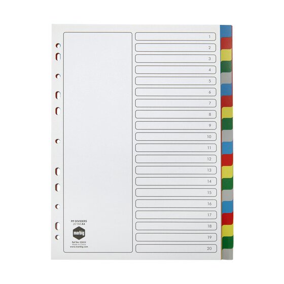 Marbig Indices & Dividers 20 Tab Polypropylene A4 Multi Colour