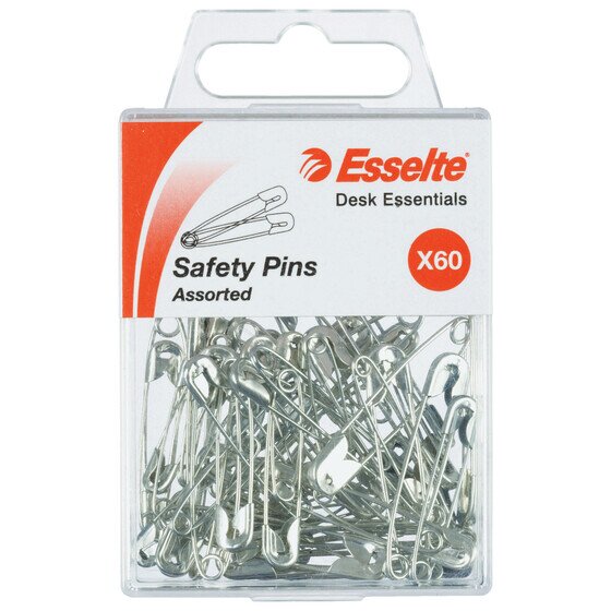 ESSELTE Safety Pins – Pack of 60 Assorted Sizes Silver