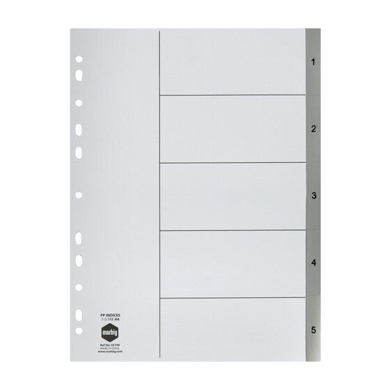 Marbig Indices & Dividers – 1–5 Tab, Polypropylene, A4, Grey
