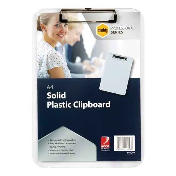 Marbig Professional A4 Clear Plastic Clipboard with Retractable Hook