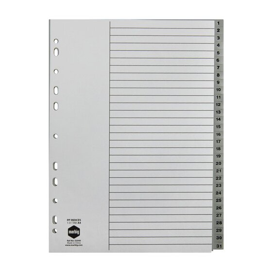 Marbig Indices & Dividers – 1–31 Tab, Polypropylene A4 Grey