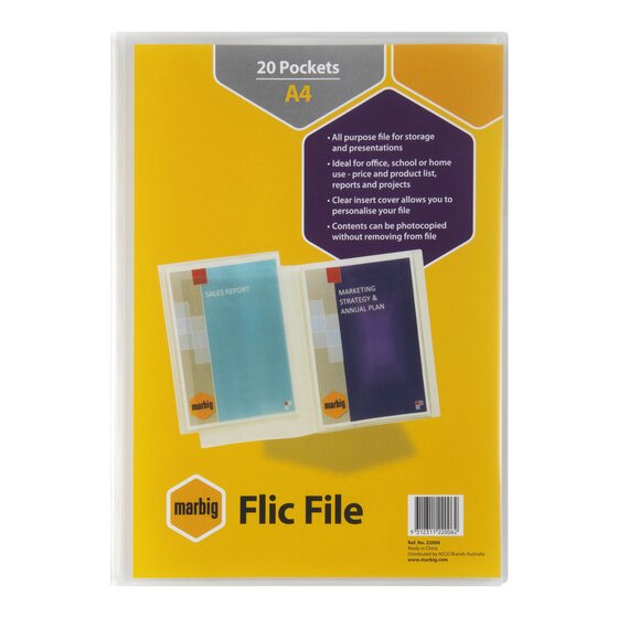 Marbig Flic File – 20 Pocket Insert Cover Clear (A4 & A3)