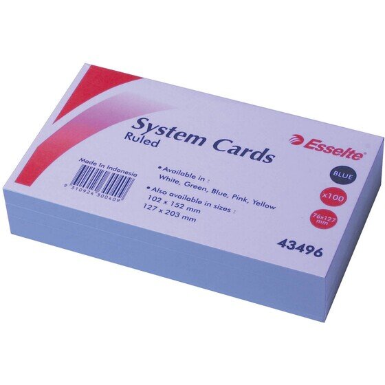 Esselte System Cards 127 x 76mm (5 x 3) Blue – Pack of 100, Ruled Both Sides