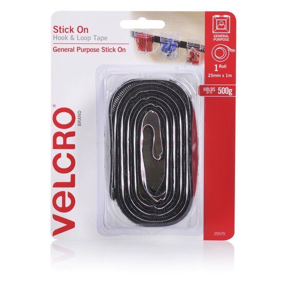 Velcro Stick-On Hook & Loop Tape – 25mm x 1m Black