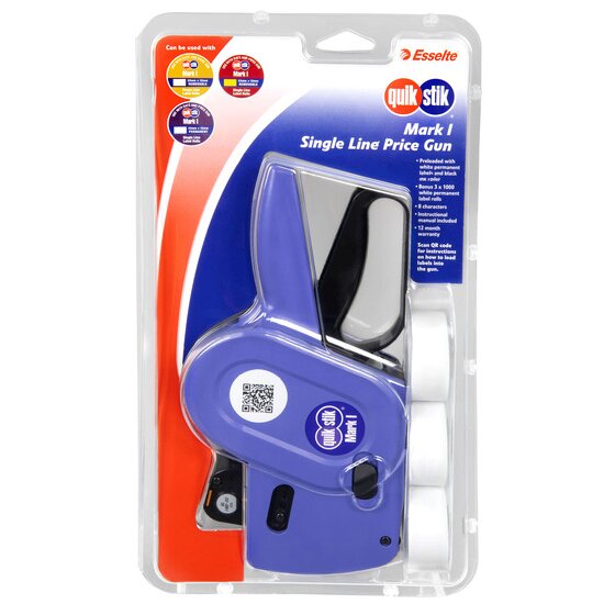 Quikstik Mark I Price Gun – Single Line, Pre-Loaded with White Permanent Labels & Black Ink Roller
