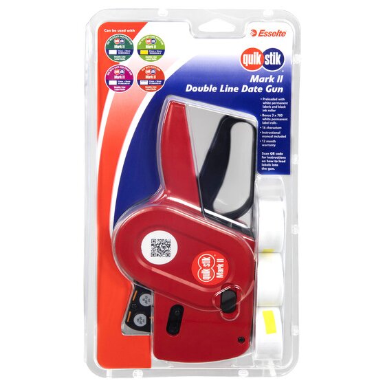 Quikstik Mark II Date Gun – Double Line | Pre-Loaded White Permanent Labels & Black Ink Roller