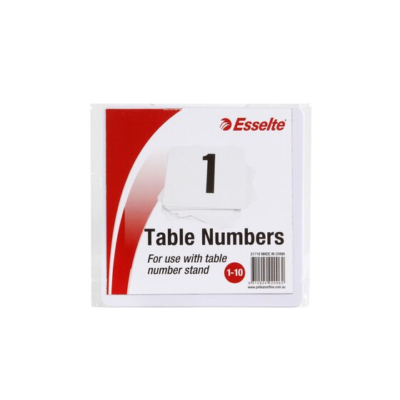 Esselte Table Numbers 1–10 – White, Double-Sided Plastic, Pack of 10