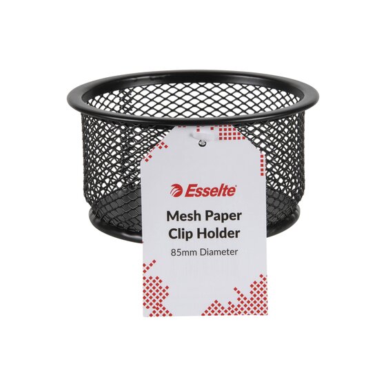 ESSELTE Mesh Paper Clip Holder – Black Steel Desk Accessory