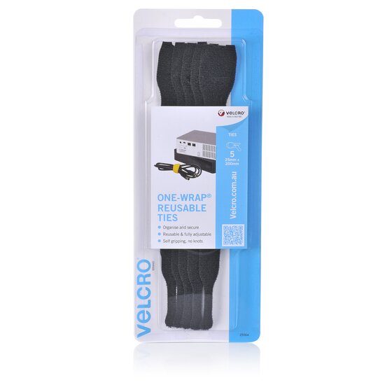 Velcro Reuse Ties 25 x 200mm Black – Pack of 5