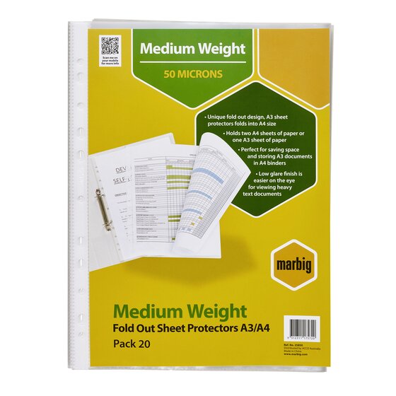 Marbig Medium Weight A3 Fold-Out Sheet Protectors – 20 Pack