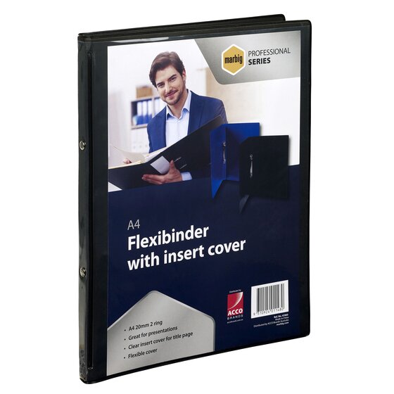 Marbig Professional Flexibinder — 2-Ring, 20mm, A4, Black with Clear Front Pocket