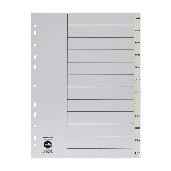 Marbig Indices & Dividers – Jan-Dec Tab, Polypropylene, A4, White
