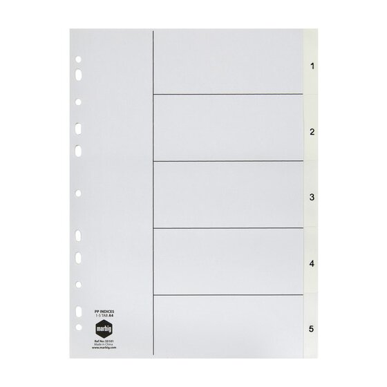 Marbig Indices & Dividers – 1–5 Tab, Polypropylene, A4, White