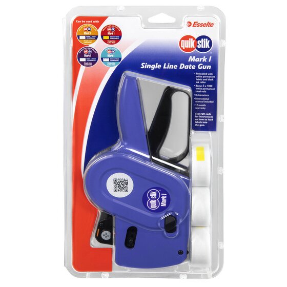 Quikstik Mark I Date Gun – Single Line | Pre-Loaded White Permanent Labels & Black Ink Roller