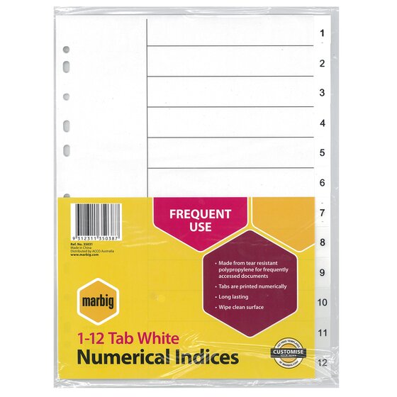 Marbig Indices & Dividers 1–12 Tab PP A4 White