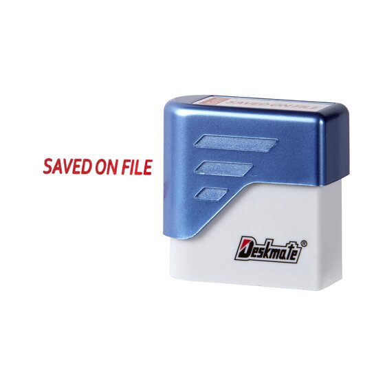 DESKMATE Pre-Inked Office Stamp – Saved on File (Red)