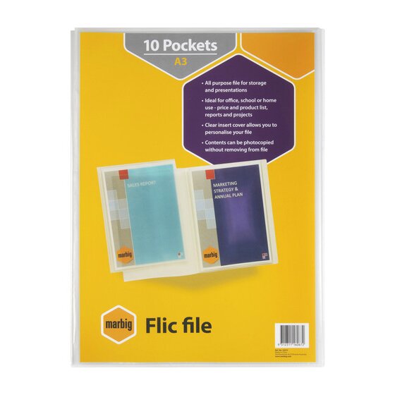 Marbig Flic File A3 – 10 Clear Pockets with Customisable Insert Cover