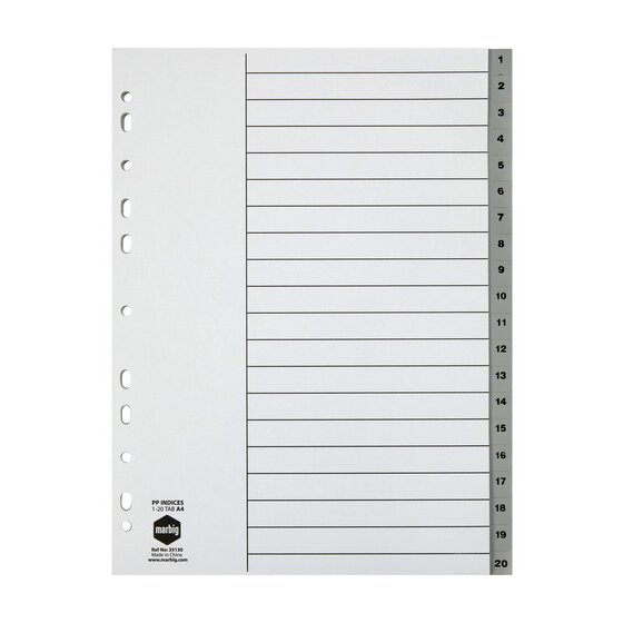 Marbig Indices & Dividers 1-20 Tab Polypropylene A4 Grey