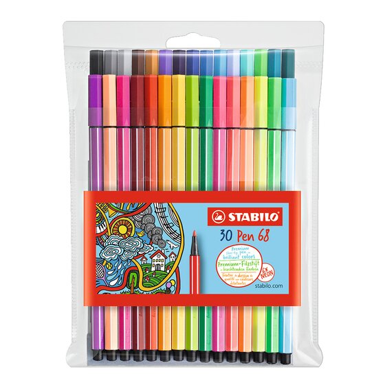 Stabilo Pen 68 Fibre Tip Pen – Assorted Colours, 30-Piece Wallet