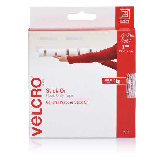 VELCRO Stick-On Hook Side Only 25mm x 5m White